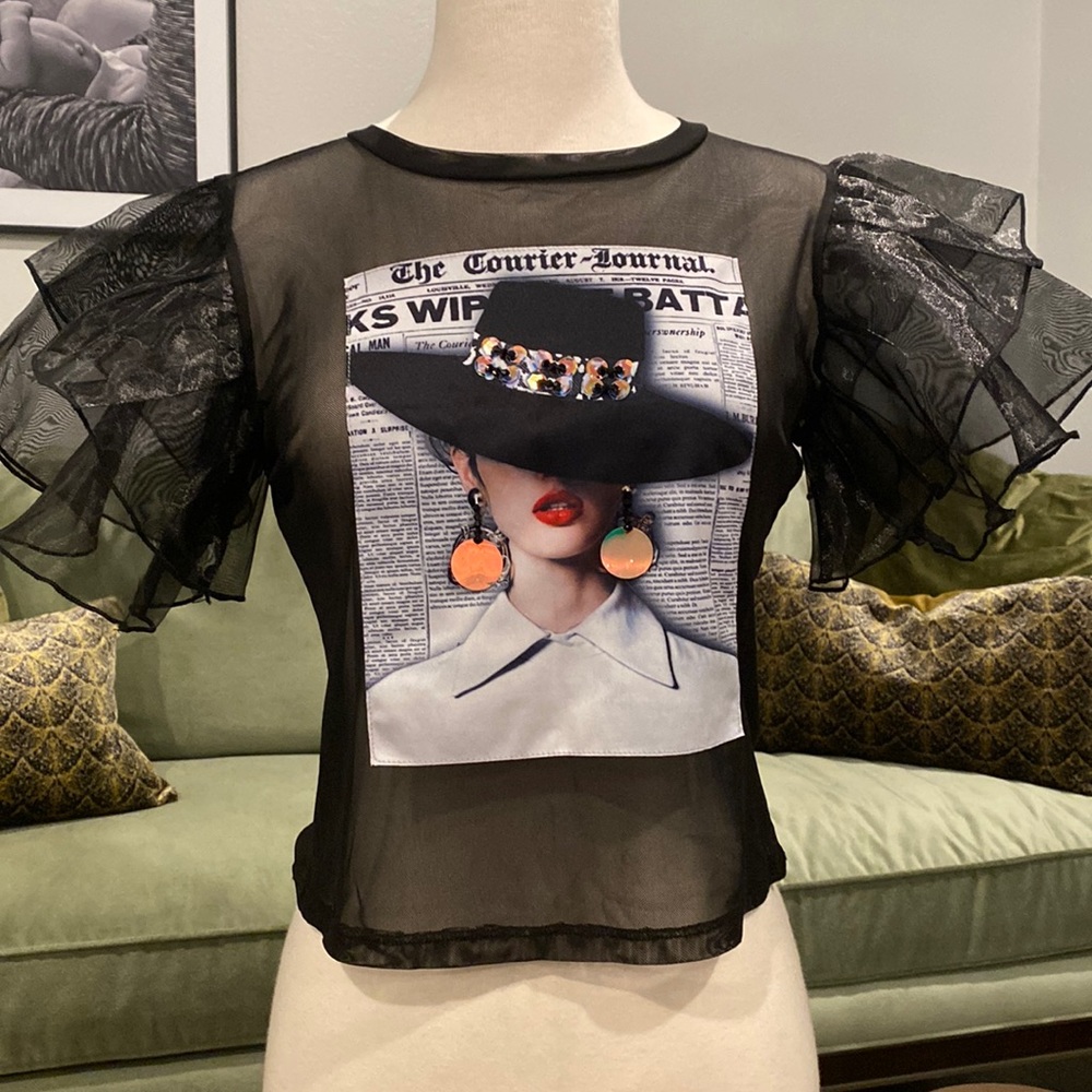 See through blouse with ruffle sleeves